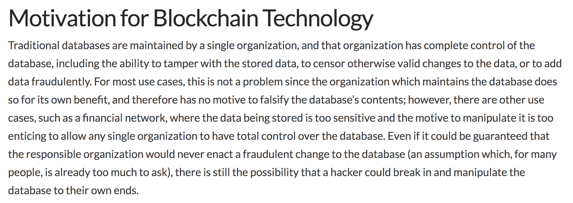 Text explaining benefits of blockchain over database